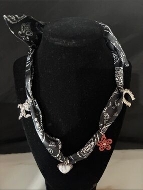 Homemade Black Bandana-Style Necklace Scarf with Mixed Charms